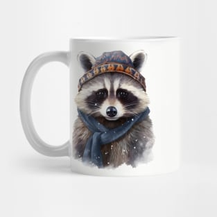 Raccoon in a warm hat and knitted scarf winter Mug